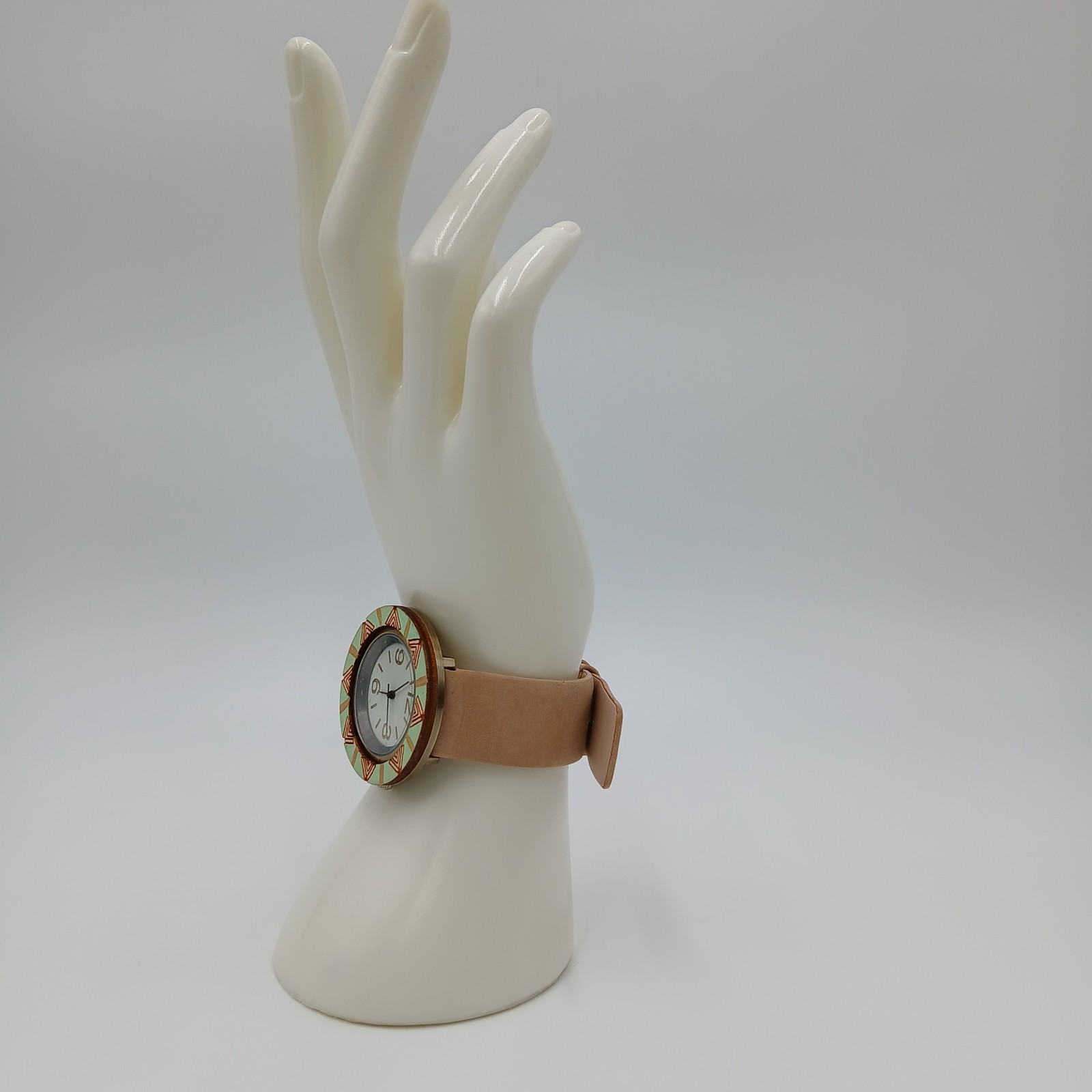 B Swap Watch 8in Wrist Tan Suede Hand Painted Aztec Teal Bezel Quartz WORKS