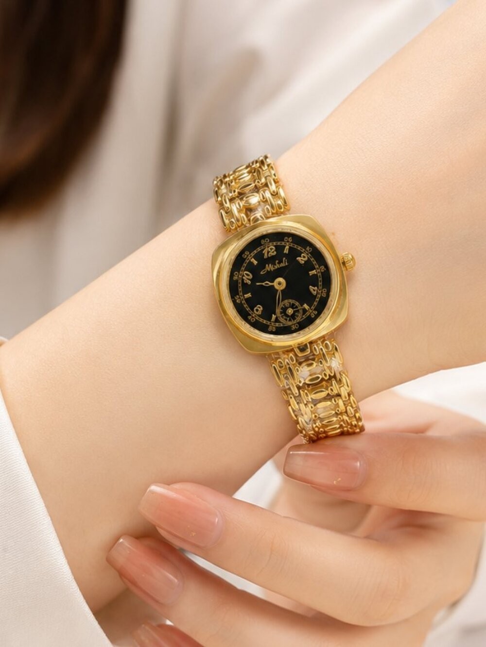 Mishali Gold Tone Women’s Bracelet Watch Black Dial Elegant Dress Watch