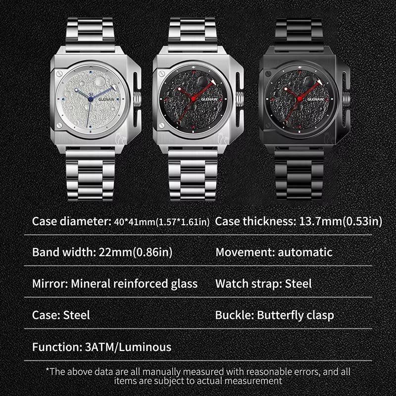 GLENAW Mechanical Men’s Watch Moon Surface Dial Luminous Spaceship Pointer 3ATM