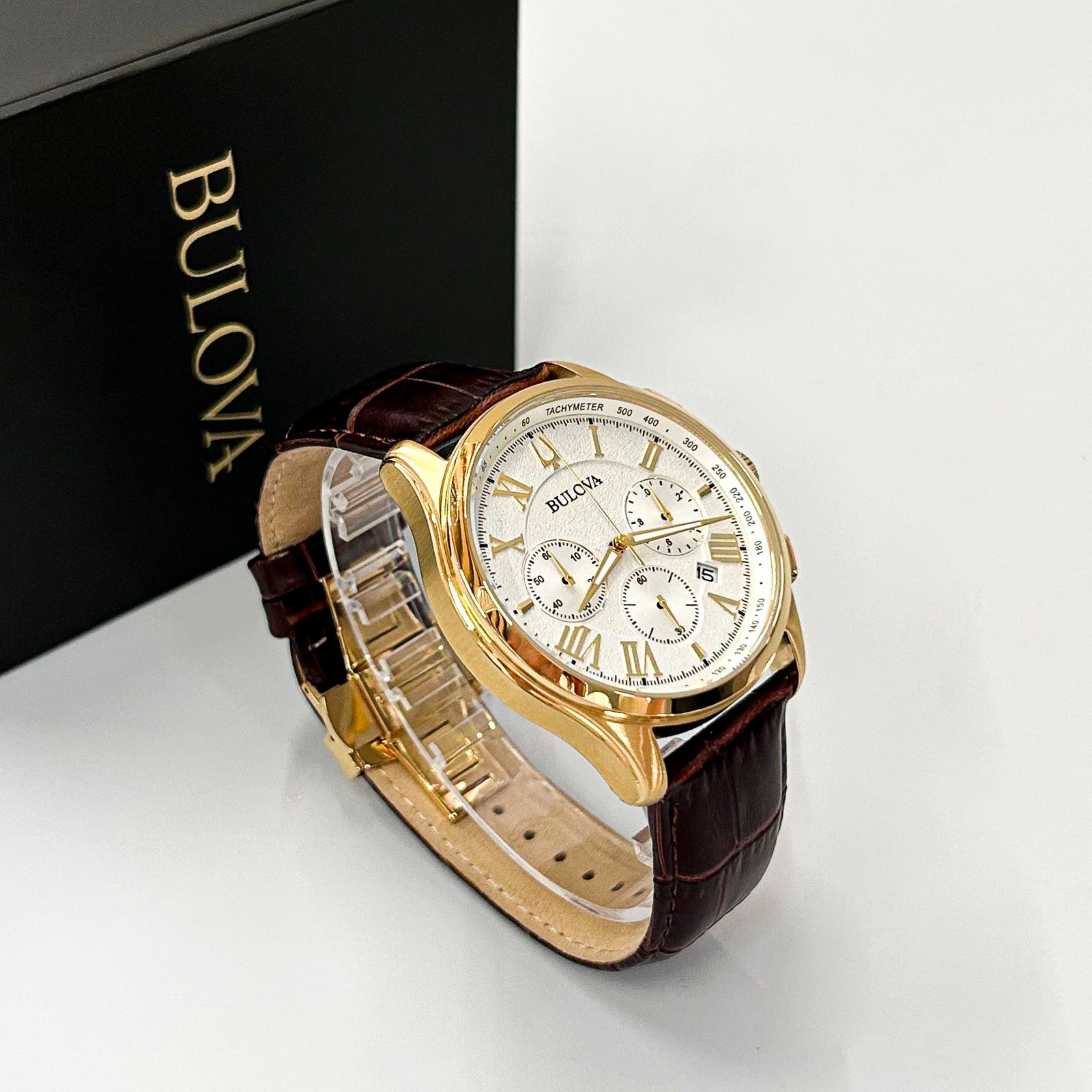 Bulova Men’s Classic Wilton 97B169 White Dial Brown Leather Quartz Watch 46mm