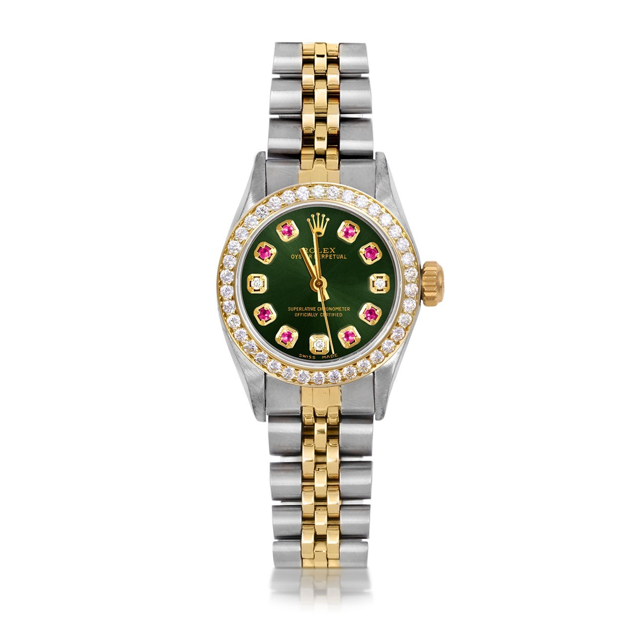 Rolex Lady TT Oyster Perpetual Green Ruby Diamond Dial Diamond Bezel Jubilee
