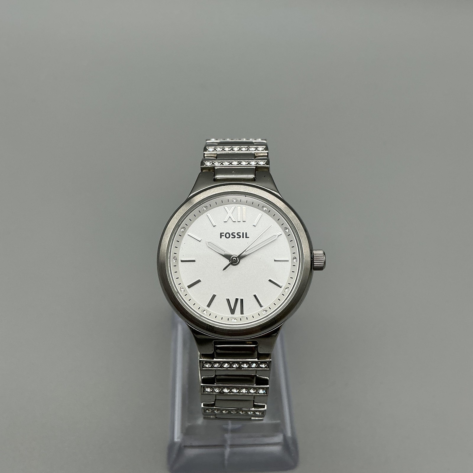 Fossil Spectacle Womens Watch 29mm Silver Tone Crystal Stainless New Battery 7″