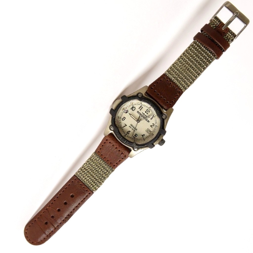 VINTAGE TIMEX 38MM MEN’S QZ, ARABIC NUMERALS, CANVAS LEATHER BAND.