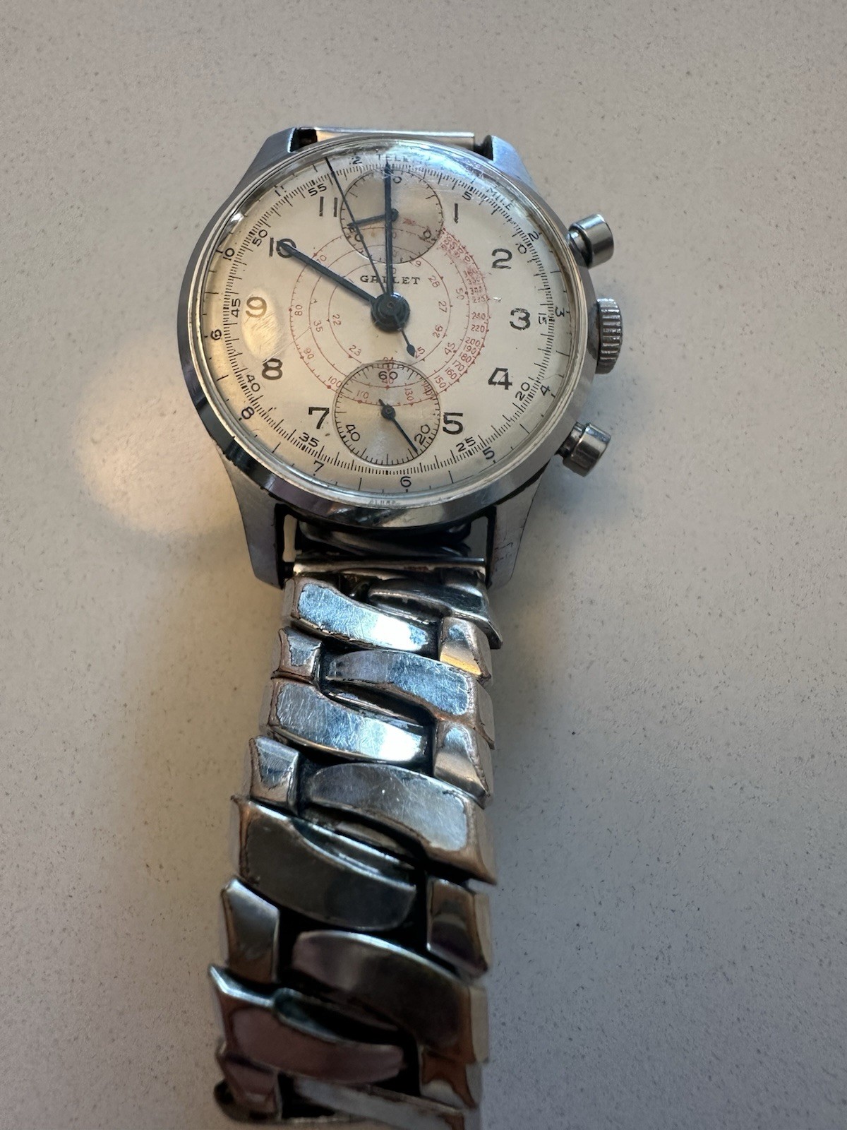 Gallet Multichron Manual Wind Chronograph Watch Telemeter Tachymeter Silver Dial