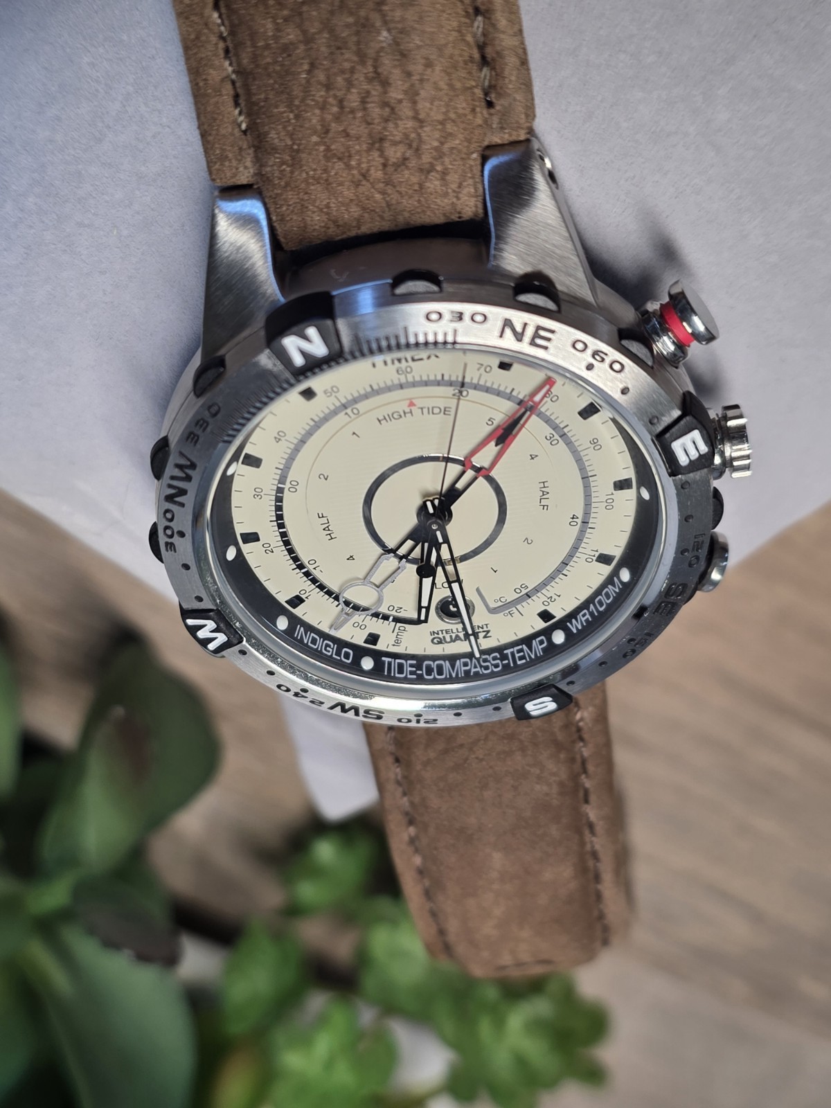 Timex Intelligent Quartz Tide Compass Date 45m Brown Leather Silver Watch