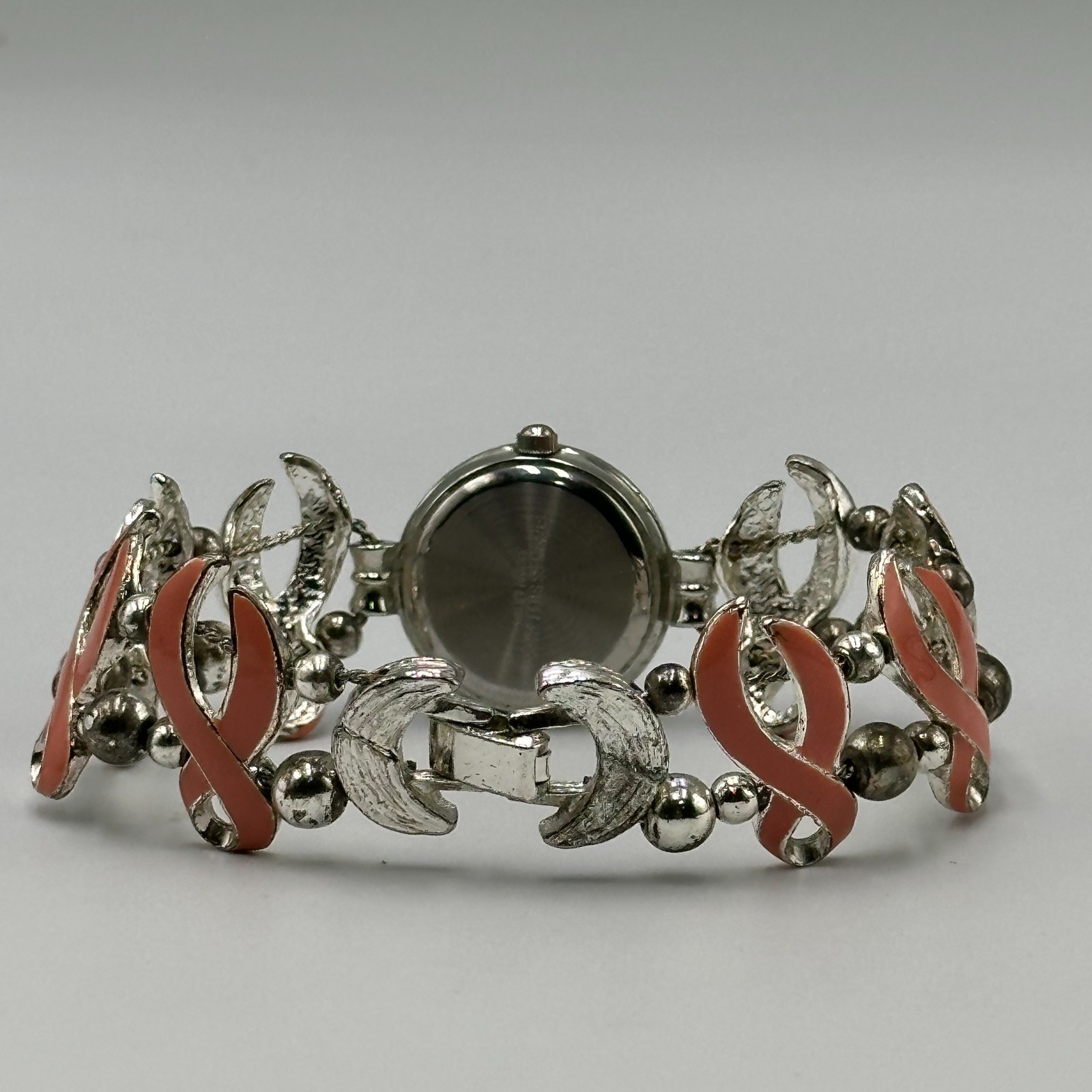 Vintage Jennie B Watch Breast Cancer Awareness Ribbon Band Silver Pink Works