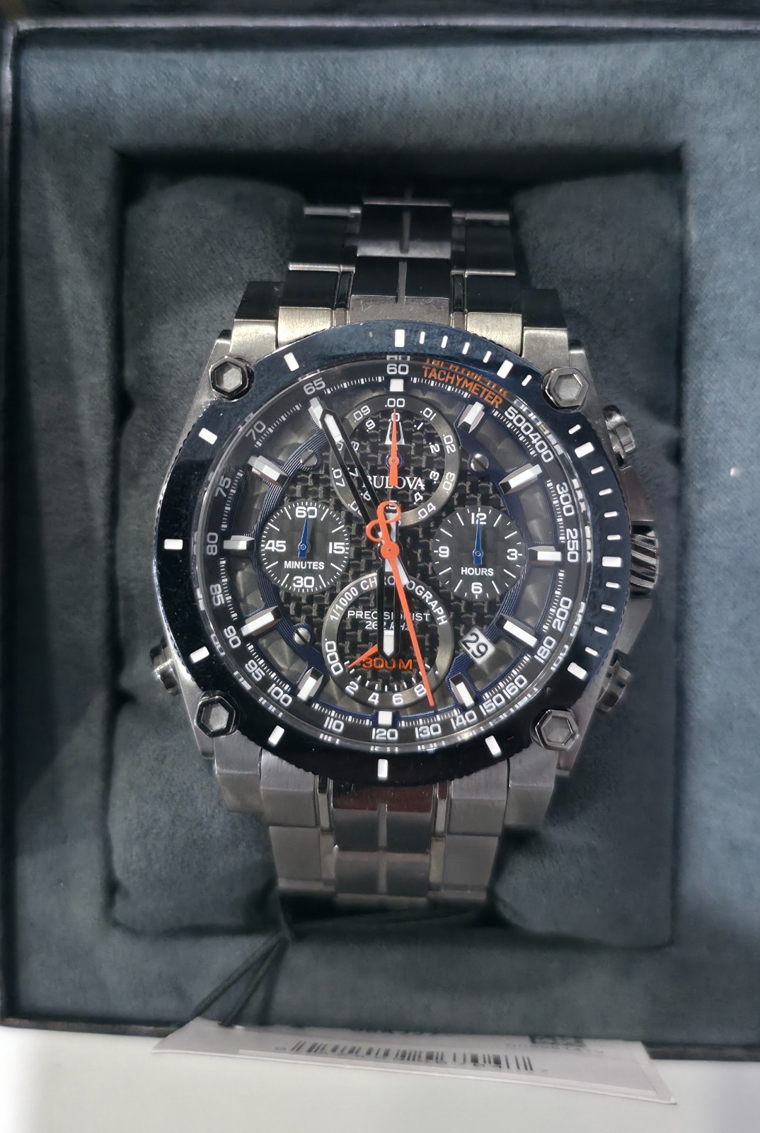 Bulova Precisionist 98B343 Men’s 46mm Chronograph 300M Gray Ion-Plated Watch Box