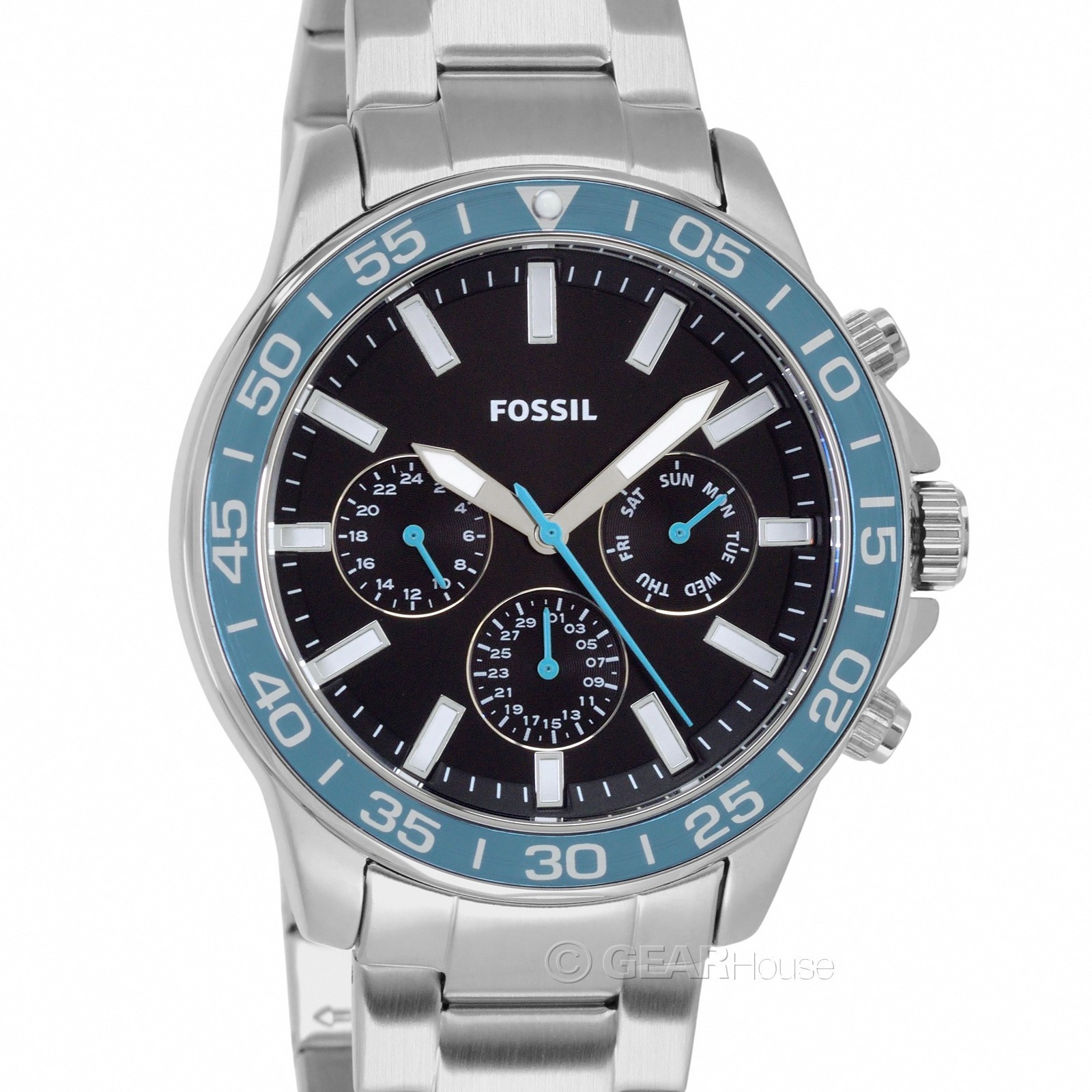 FOSSIL Bannon Mens Multifunction Watch, Black Blue Dial, Stainless Steel Band