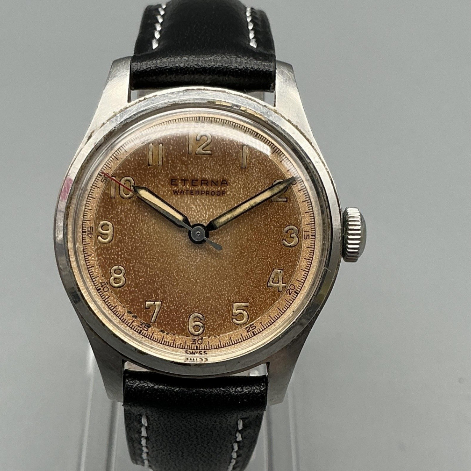 Vintage Eterna Mens Watch 30mm Patina Dial Stainless Black Leather Manual Wind