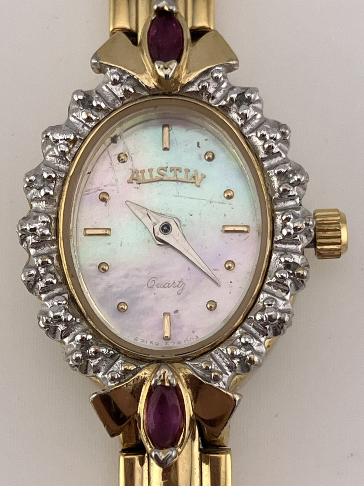 Vtg Austin Lades 17mm Watch Gold Tone Diamond & Ruby Bezel MOP Dial 5.75″ – RUNS
