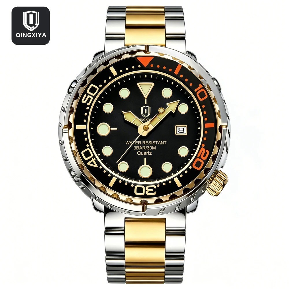 QINGXIYA —Diver-style “Tuna Can” watch — Stainless steel — Quartz —
