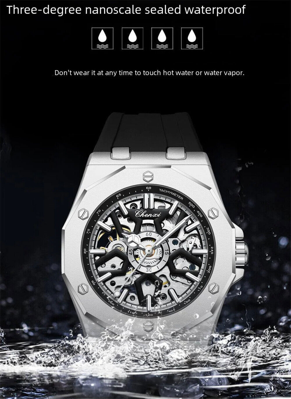 CHENXI Men Mechanical Watch Automatic Movement Wristwatch Males Silicone Watches