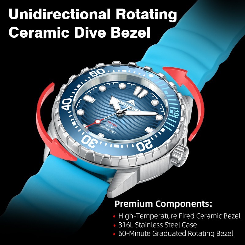 NORTH EDGE TRITON Solar Powered Dive Watch Quartz Watch Men 316L Stainless case