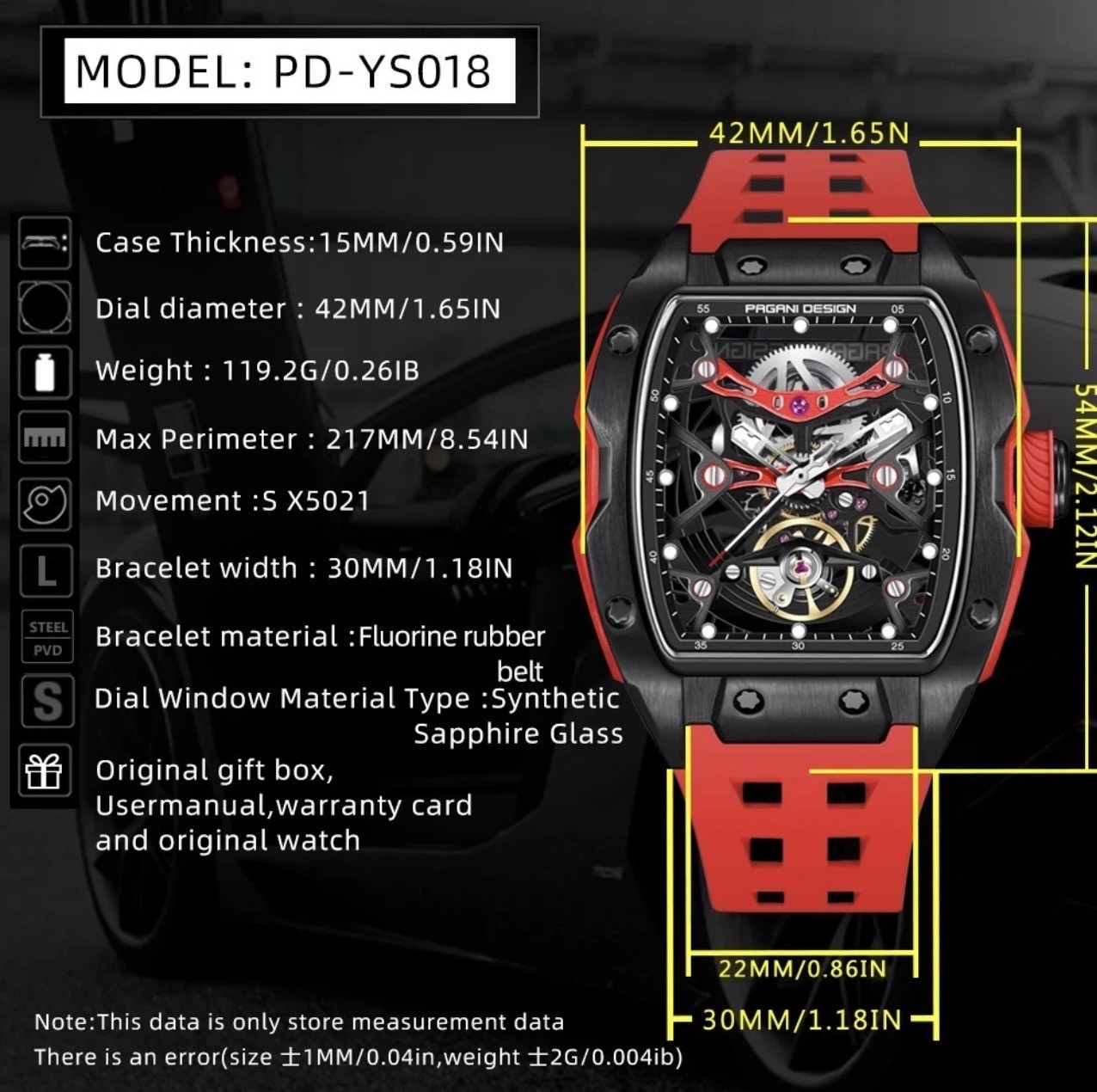 PAGANI DESIGN 42MM PD-YS018 Skeleton Dial Mechanical Watch 50M Waterproof