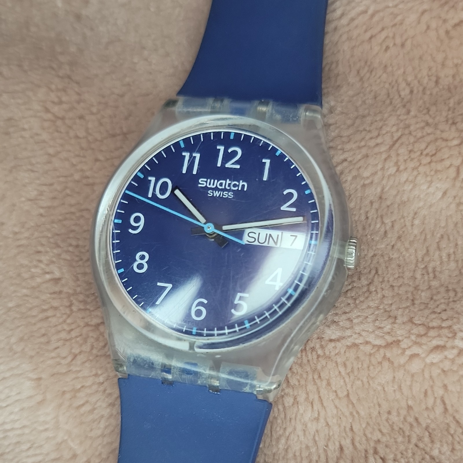 Swatch “RINSE REPEAT NAVY” analog blue/clear biobased plastic dated watch