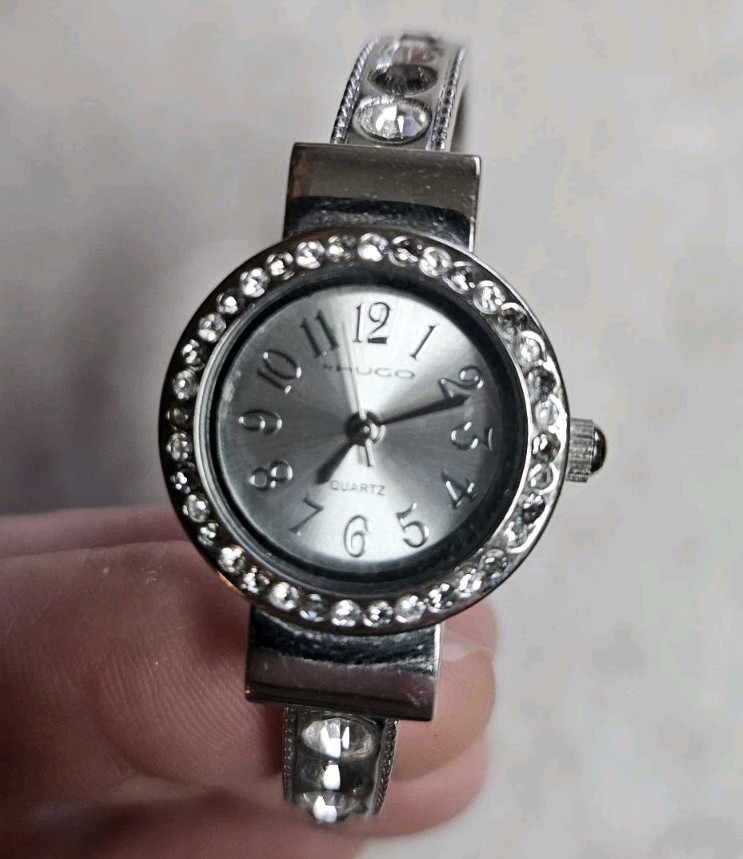 Vtg By Hugo Wristlet Bracelet Watch Stainless Stones * None Missing, New Battery