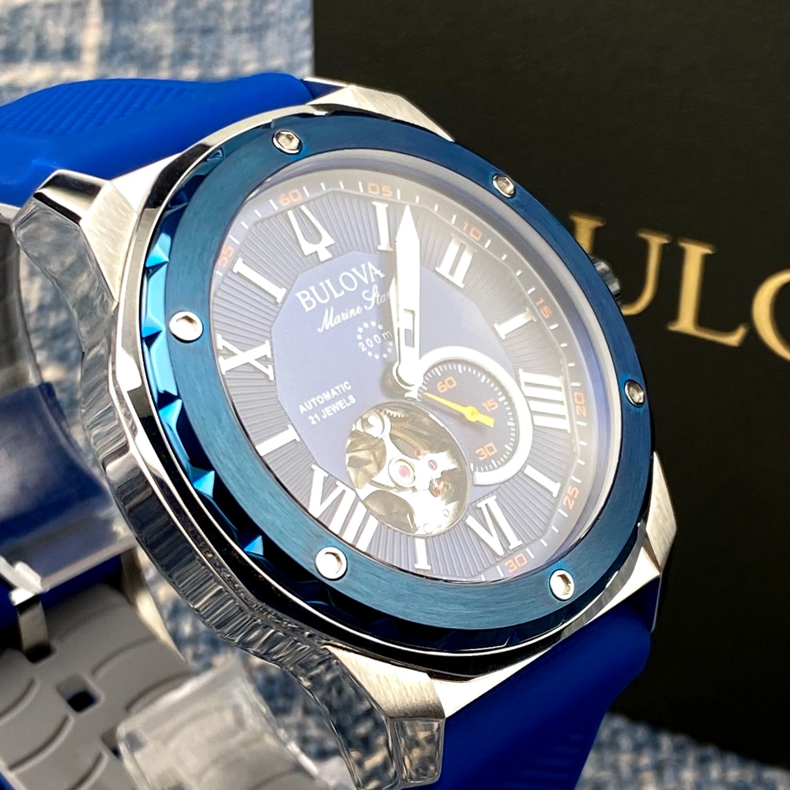 Bulova Marine Star Automatic Watch 98A303 Blue Dial Rubber Strap Men’s Watch
