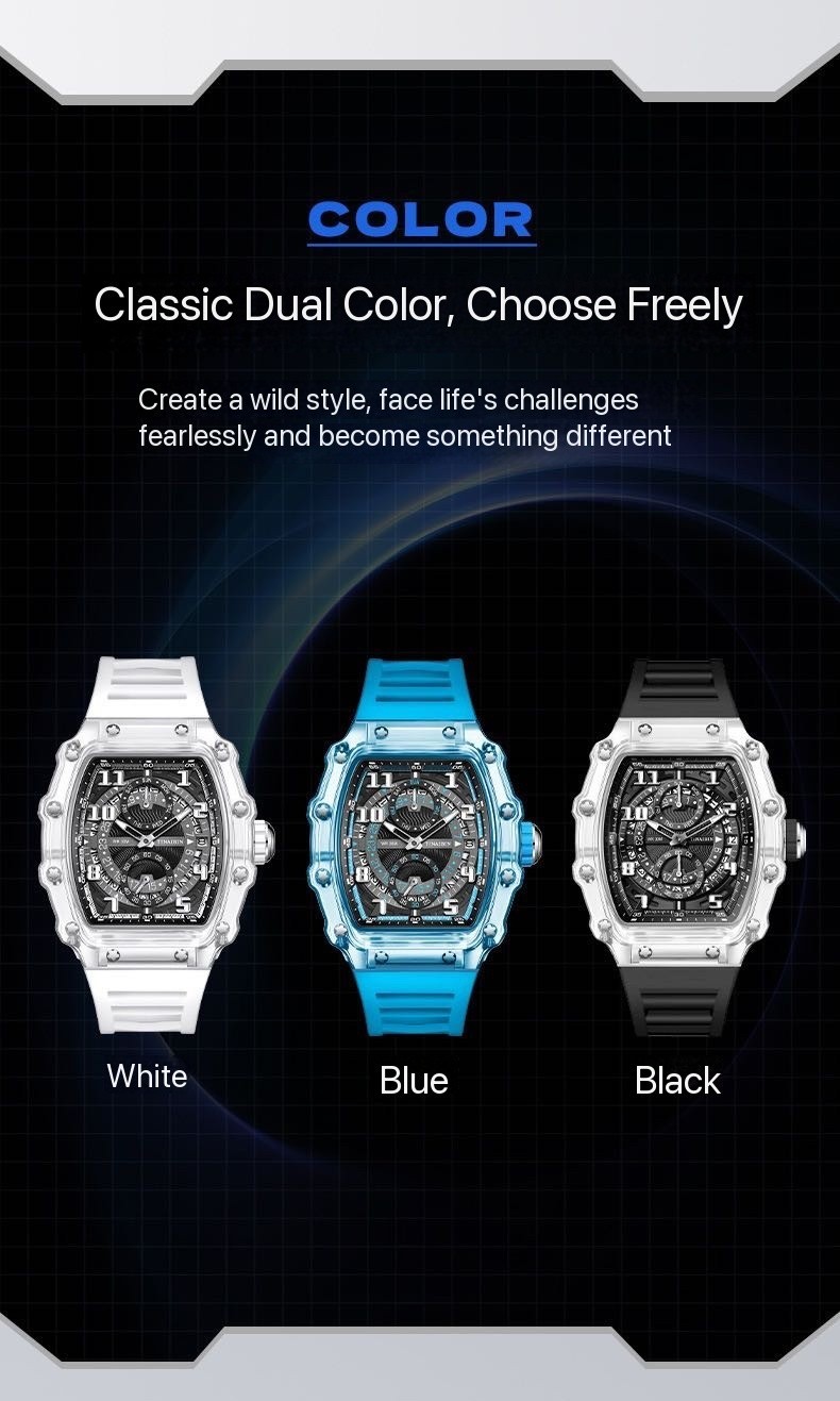 Fashion Luxury Barrel Shape Skeleton Watch Men’s Quartz Sport Watch Rubber Band
