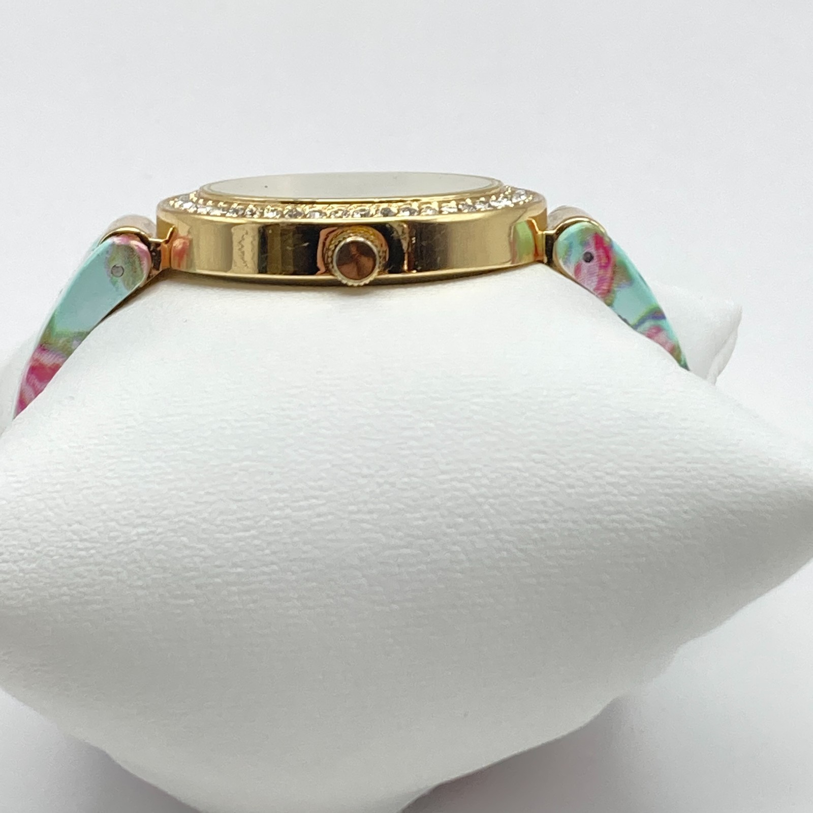 Accutime Womens Watch Gold Tone Cuff English Rose Crystals Floral New Battery