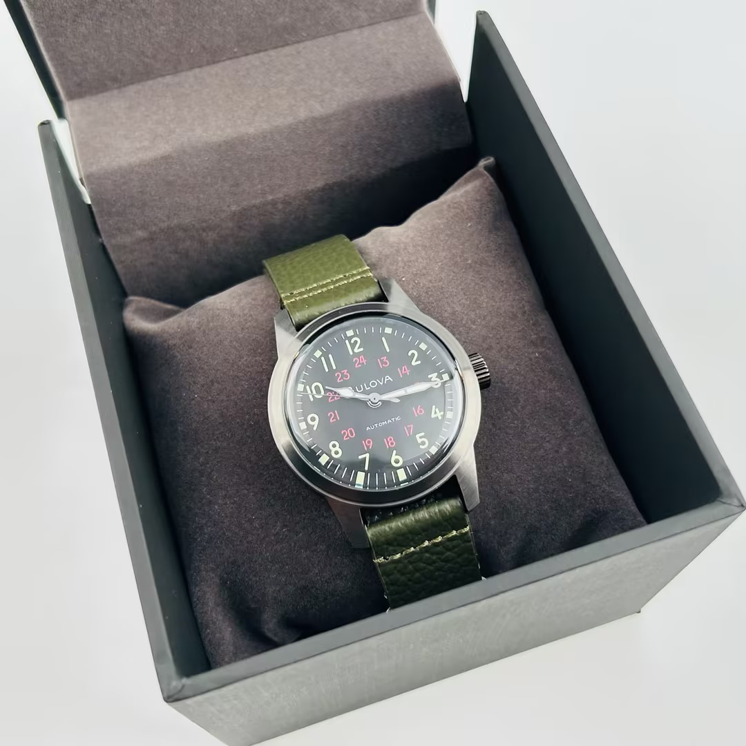 Bulova Hack 98A255 Black Dial Green Leather Strap Automatic Men’s Watch 38 mm