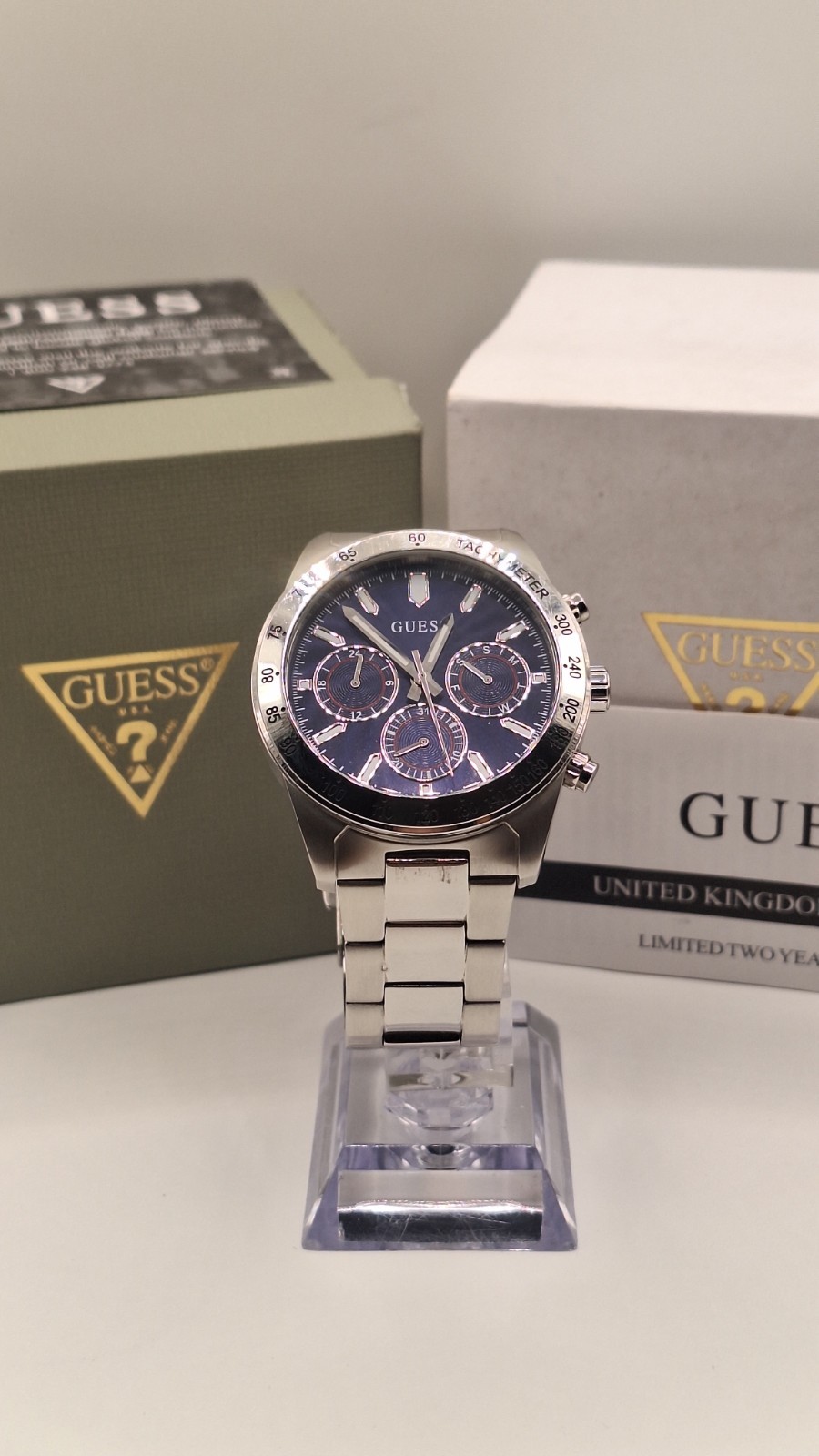 GUESS Altitude Mens Silver Chronograph Watch With Blue Dial – GW0329G1