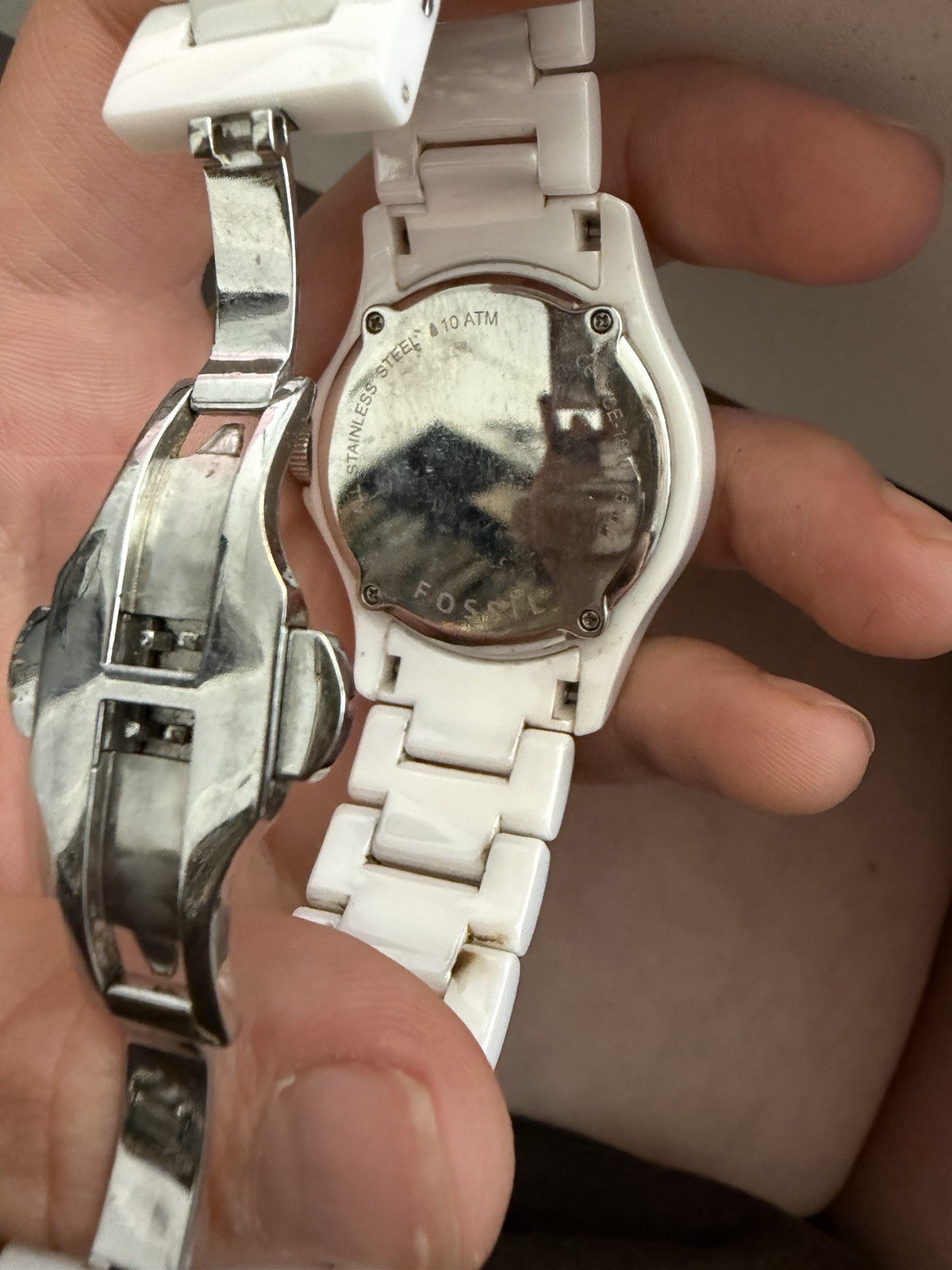 Fossil CE-1010 White Ceramic Bracelet Watch Quartz Day/Date Gem-Set Bezel