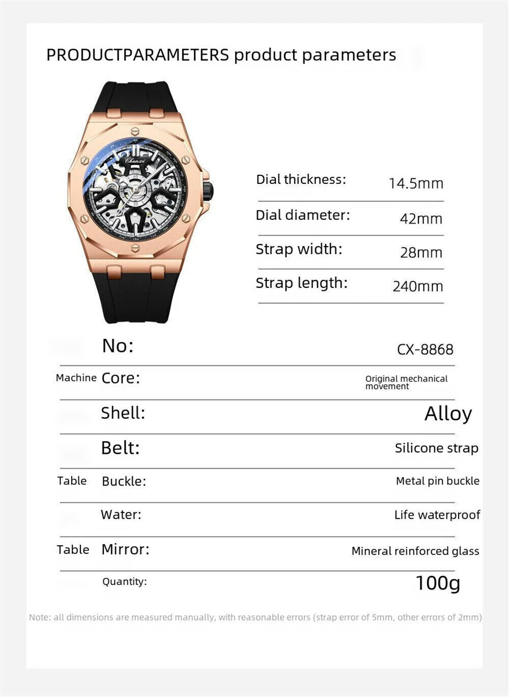 CHENXI Men Mechanical Watch Automatic Movement Wristwatch Males Silicone Watches