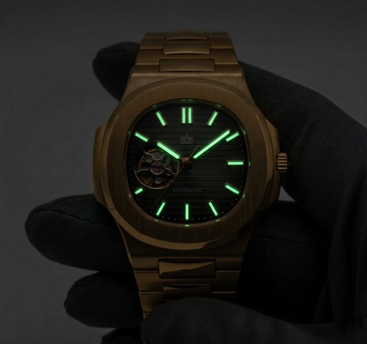 Nauteiko Mod Custom Made Automatic Watch Rose Gold Chocolate Dial Open Heart