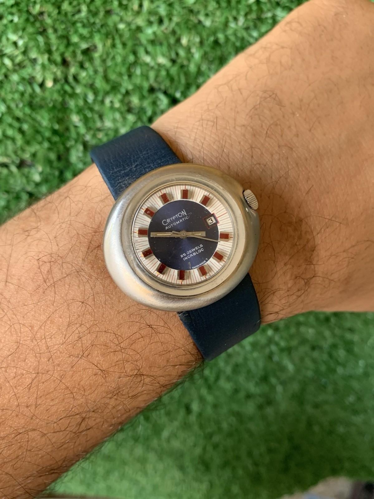 Crypton Automatic Mechanical Watch 25 Jewels Date Blue 37mm 1970s Vintage Red