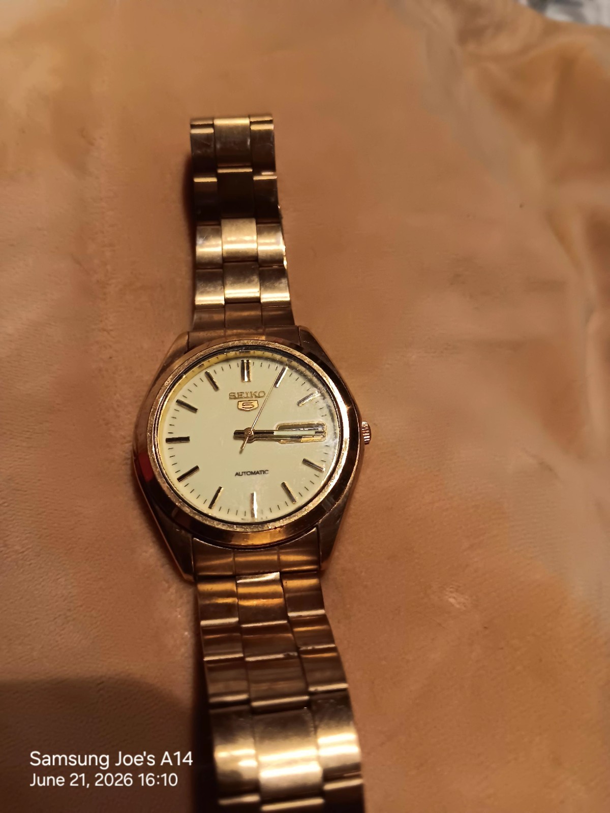 Seiko 5 Automatic Men’s Gold Tone Metal Bracelet Beige Dial Stick Date