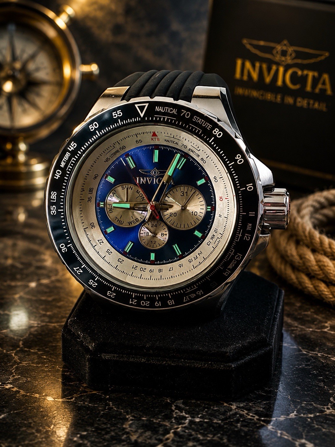 Invicta Aviator 32916 50mm Silver Stainless Steel Case with Black Silicone Strap