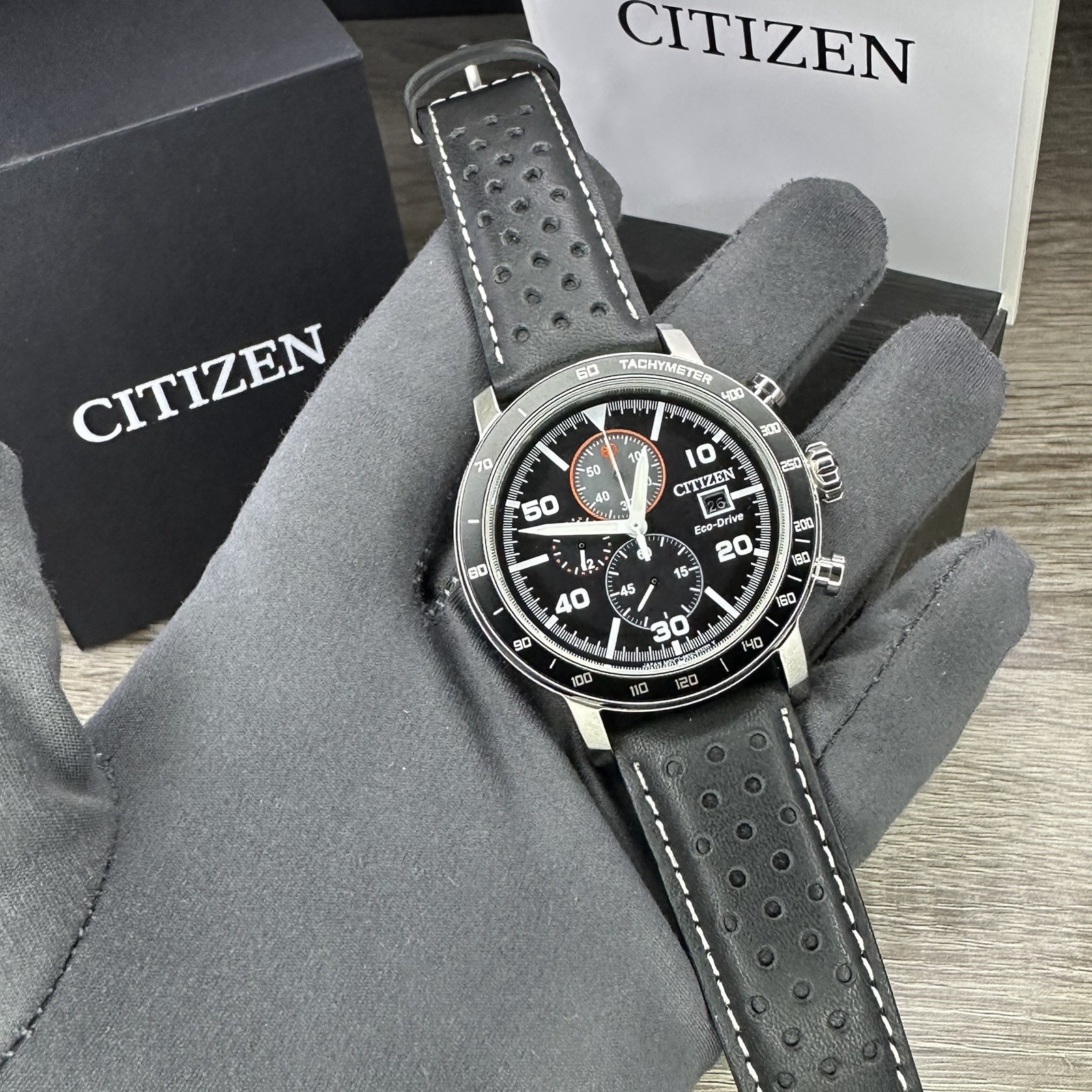 NEW✅TACHYMETER✅ Citizen Eco-Drive Brycen Black Leather Men’s Watch CA0649-14E