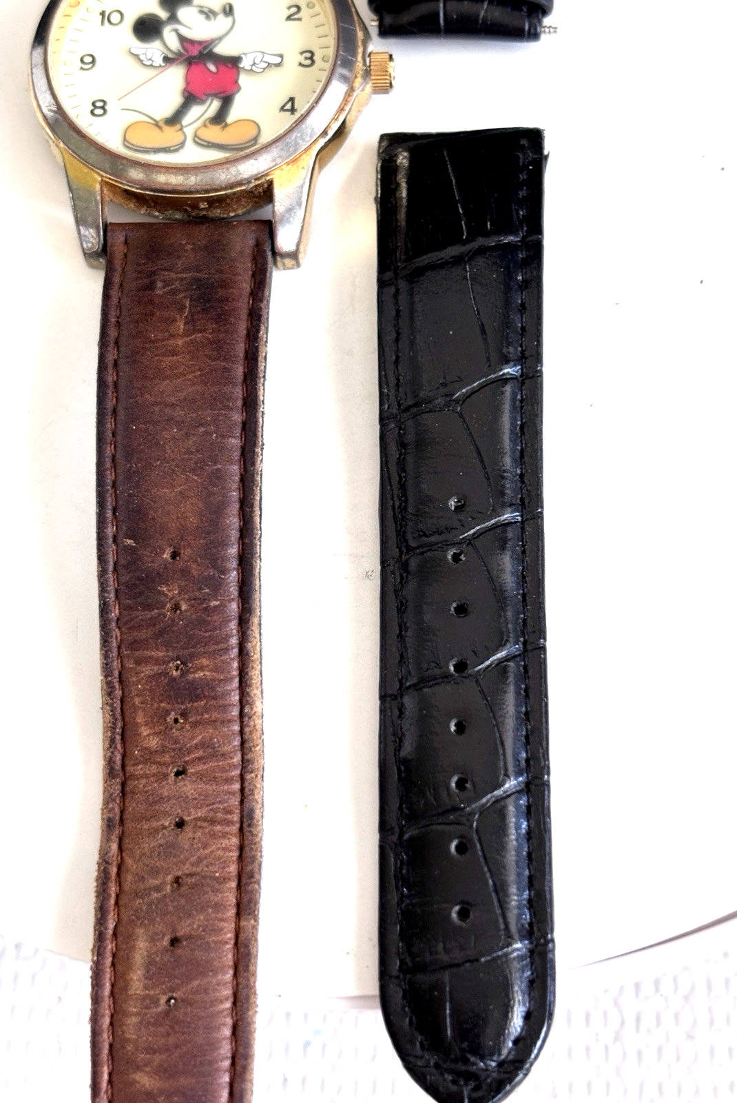 Adult Fit Mickey Mouse Watch, Date Window, Brown Leather Band, New Battery & Ban