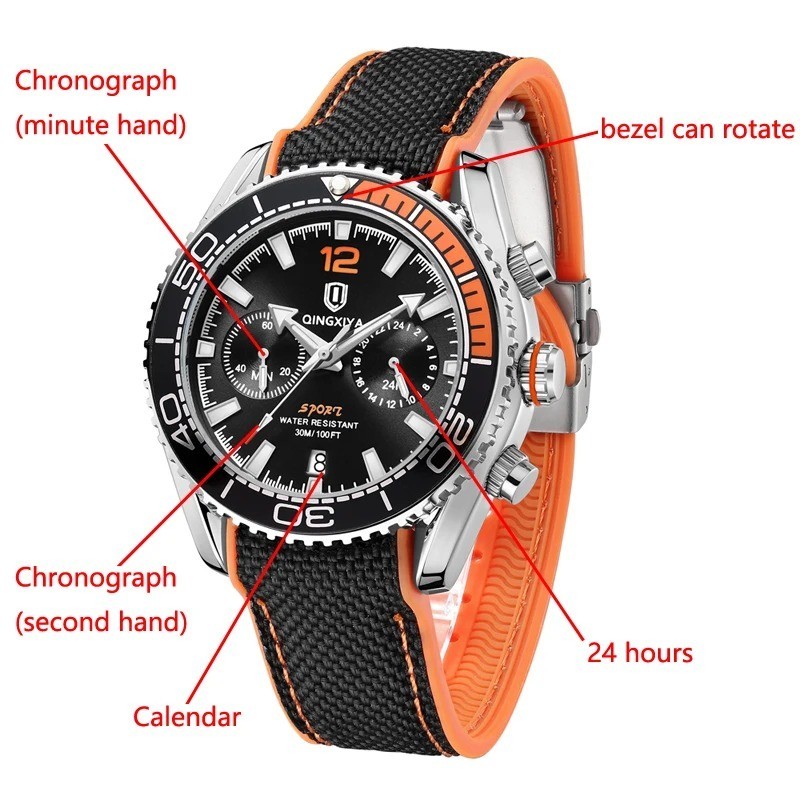 44MM QINGXIYA Quartz Diver Men’s Watch Nylon 30M Waterproof Date Luminous NEW