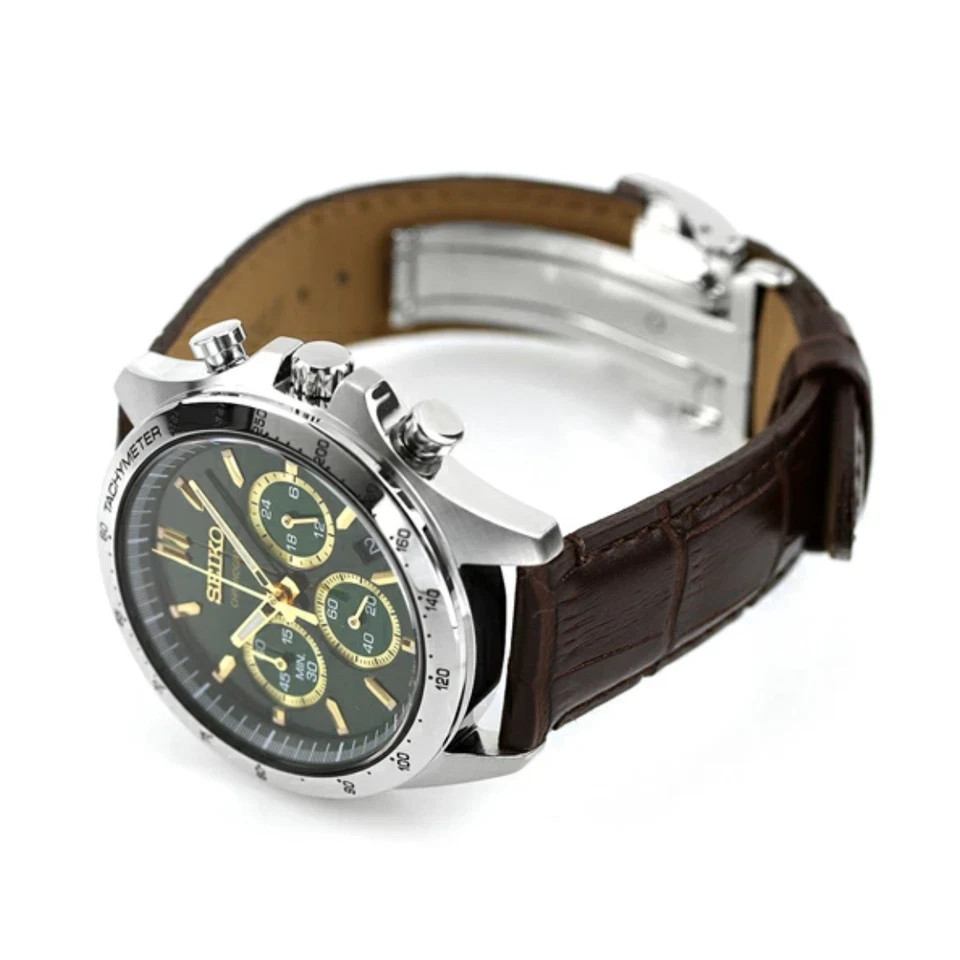 SEIKO Spirit SBTR017 Green Chronograph Quartz Leather Band Men’s Watch New Box