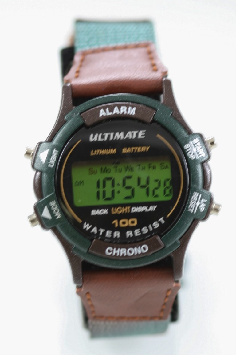 Ultimate Men Watch Plastic Green Brown Leather 30m Date Chron Alarm Light Quartz