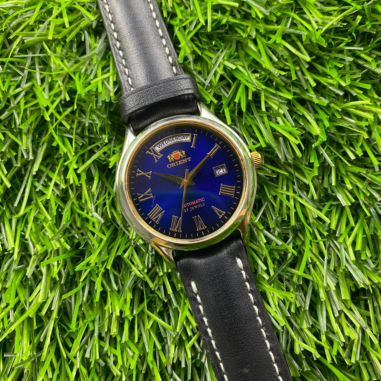 RARE Orient President Automatic Day Date Blue Dial Roman Day Date Leather Watch