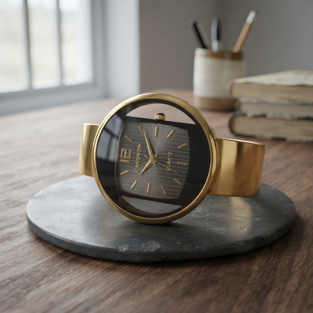 Stylish Women’s Cuff Bangle Analog Watch – Quartz Movement in Sophisticated Gold