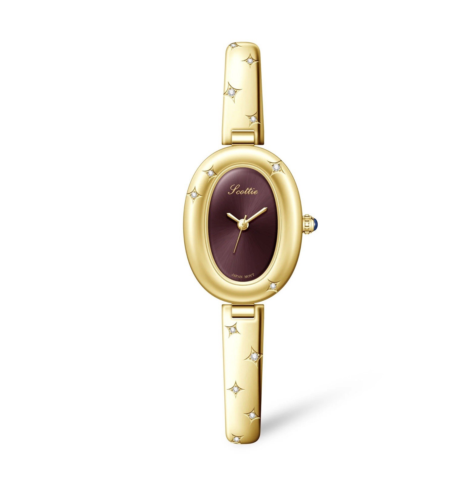 Elegant Gold Oval Ladies Luxury Watch with Dark Brown Maroon Dial & Star Accents