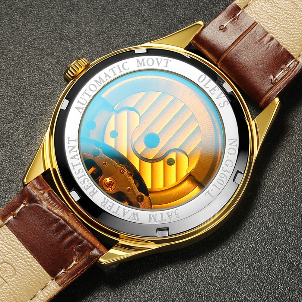 OLEVS 3601 Luminous Luxury Genuine Leather Strap Business Gents Automatic Watch