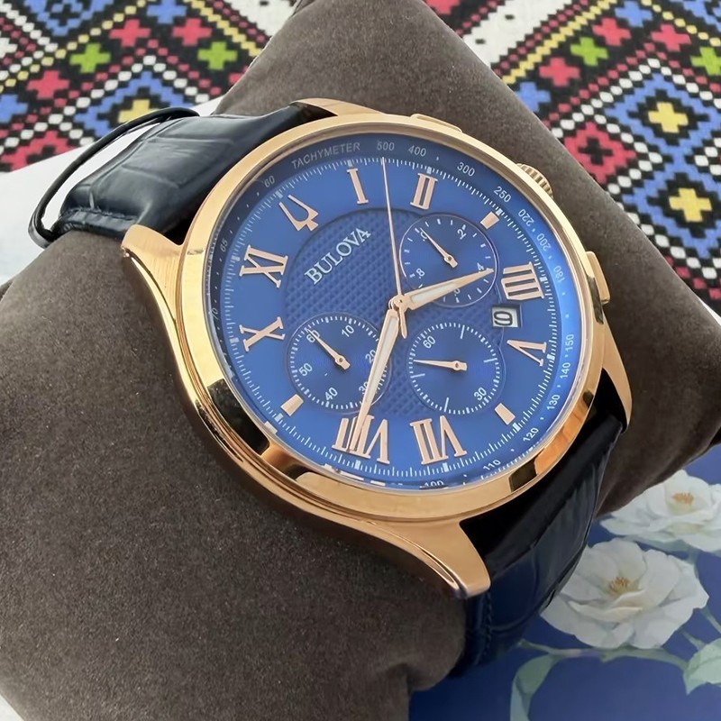 Bulova Classic Wilton Men’s 97B170 Blue Dial Blue Leather Quartz Watch 46.5mm