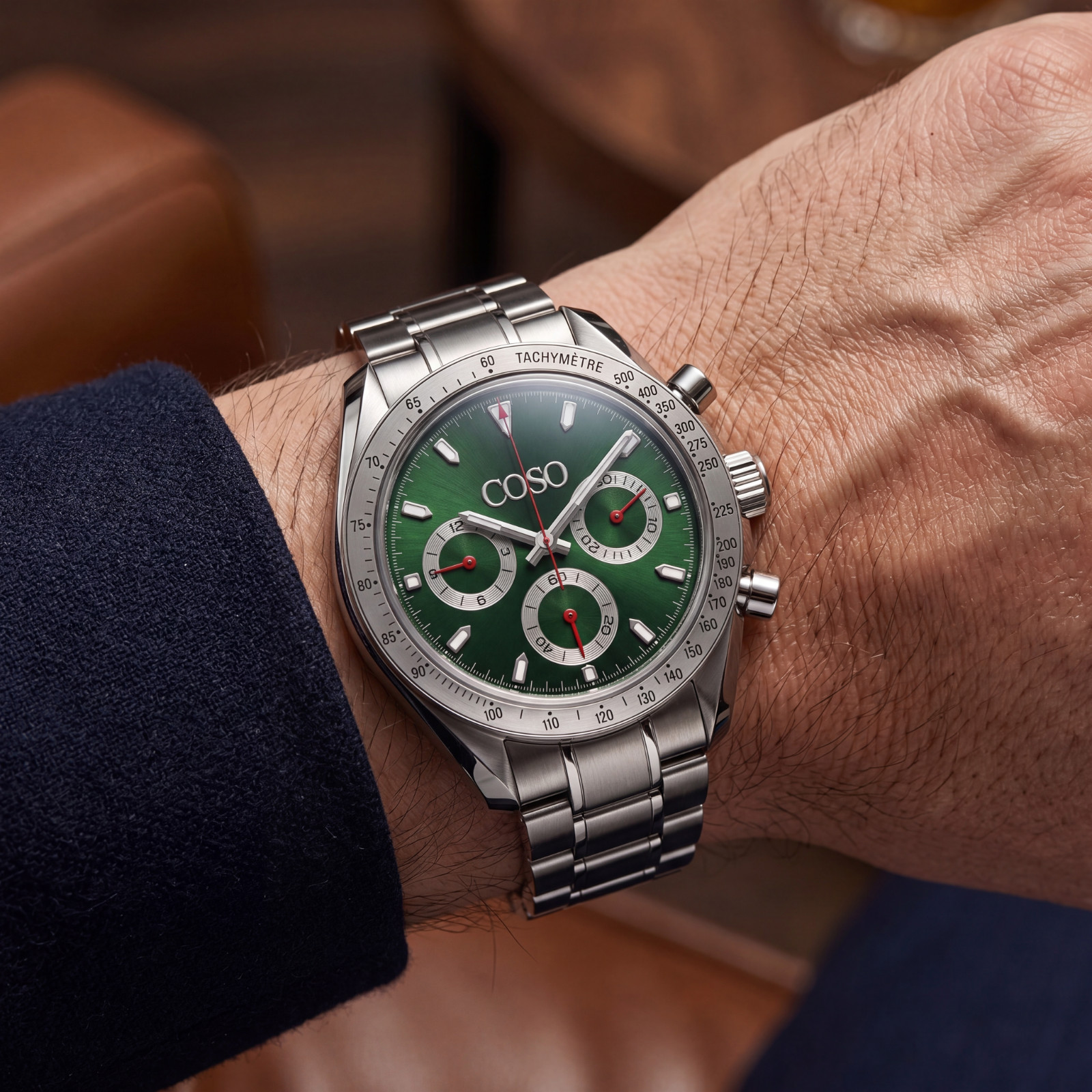 COSO Torvex Chronograph Mens Watch Steel Green Dial Red Accents Tachymetre