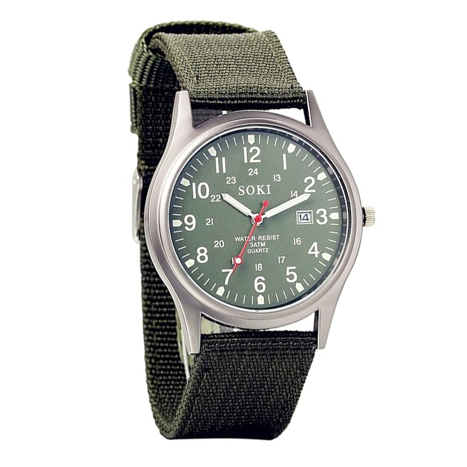 Analog Quartz Field Watch Woven Nylon Band 24H Luminous Military Army Green 35mm