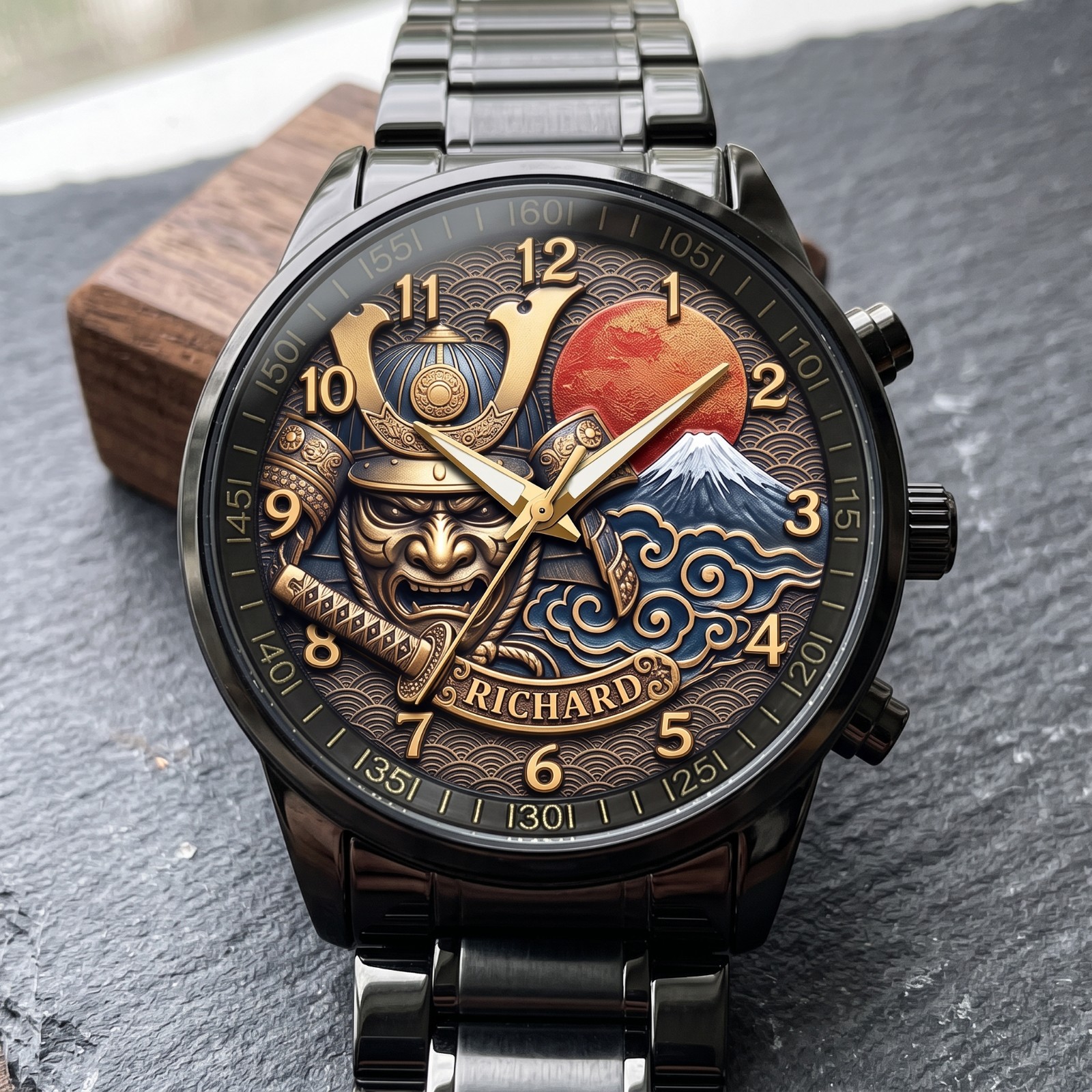 Personalized Japanese Samurai Design Watch – Custom Name Engraved Timepiece