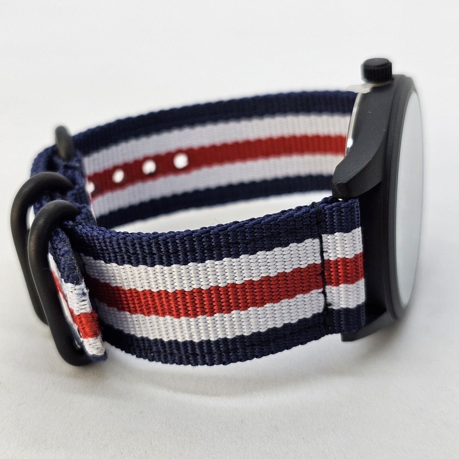 Field Men’s Watch 42MM Black Case Dial Blue White Red Canvas Band Straps NewBatt