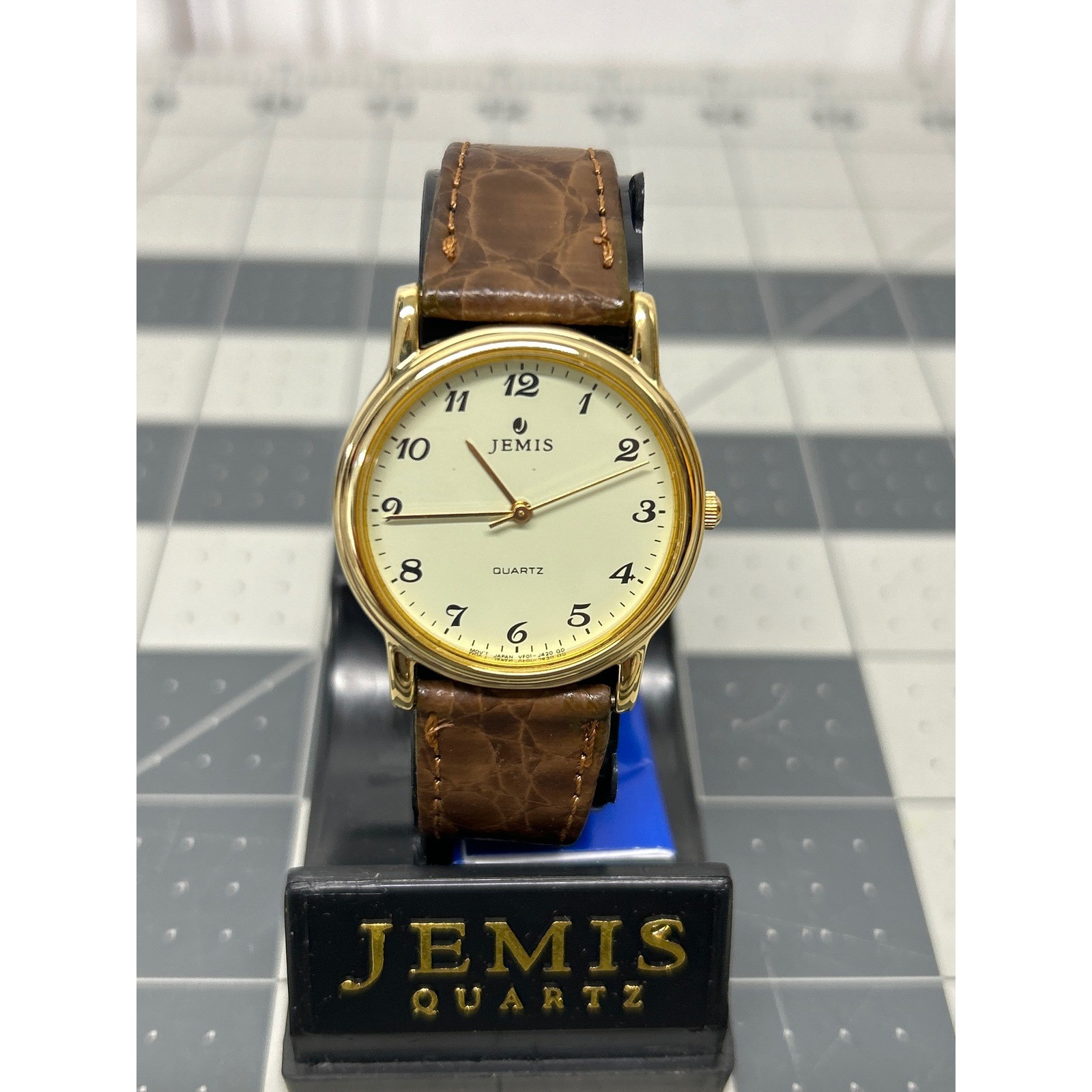 Vtg Jemis Quartz Watch Gold Brown Leather Strap Cream Dial Needs Battery NOS
