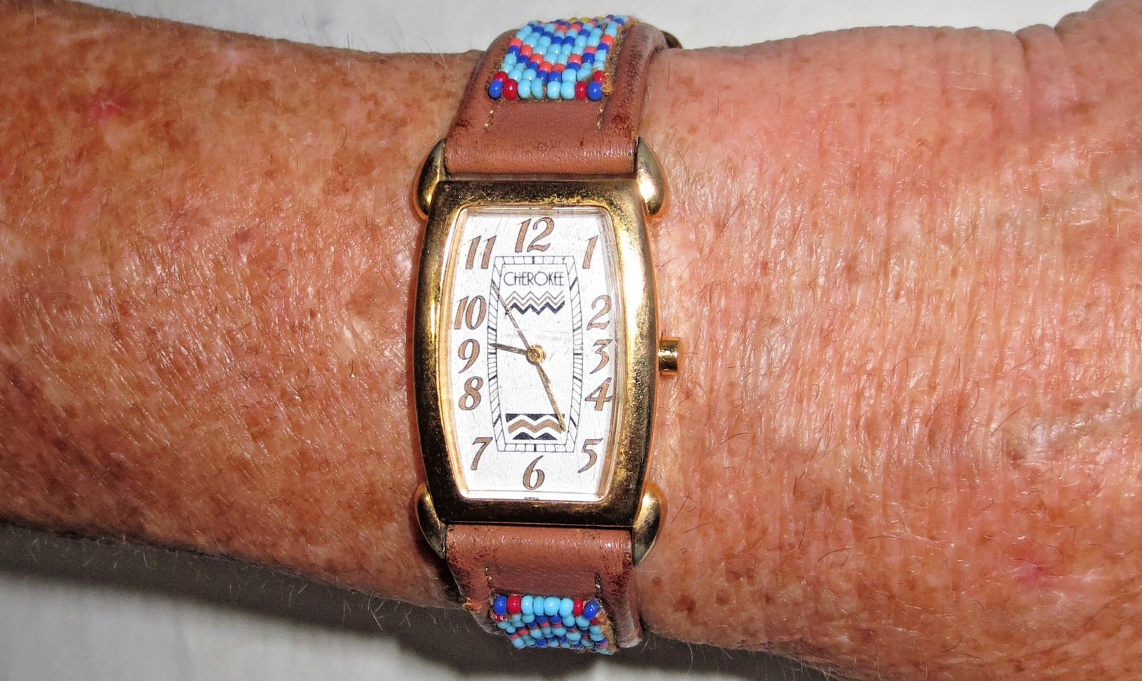 Native American Cherokee Wristwatch Tank Style Aztec Design Dial & Beaded Band