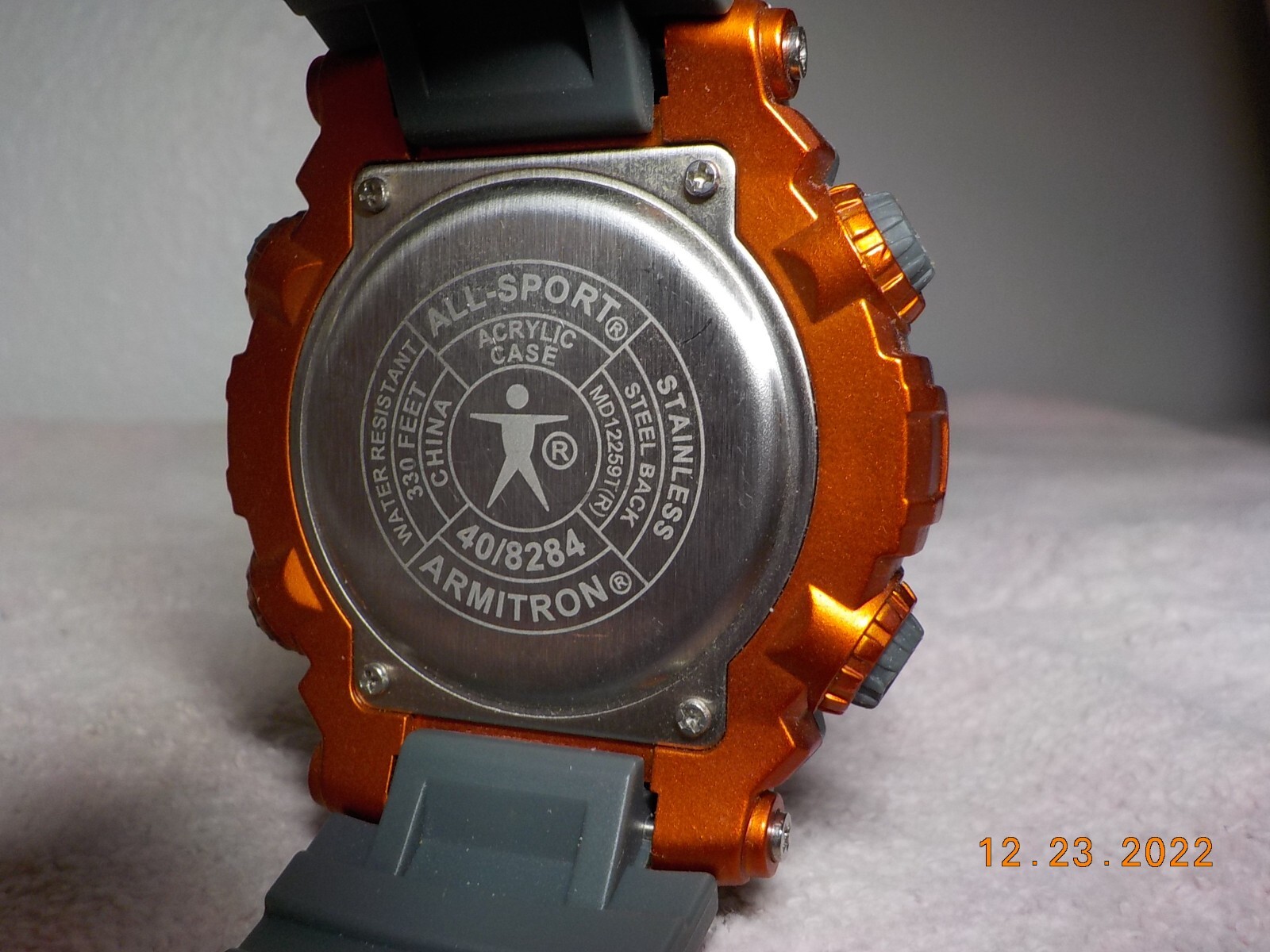 ARMITRON 40/8284 GRAY/ORANGE QTZ DIGITAL ALARM CHRONO WATCH NEW BATTERY