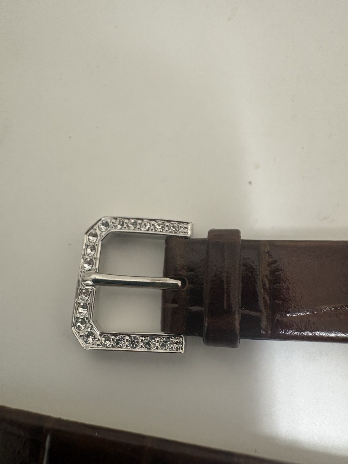 Jean Dousset Brown Genuine Leather Band Rhinestone Buckle Women 12mm