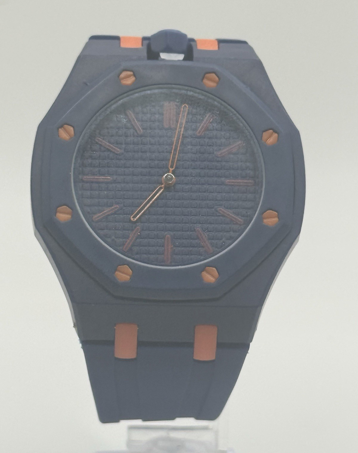 Octagon Quartz Analog Wristwatch 42mm Blue Dial Plastic Case Rubber Strap WR